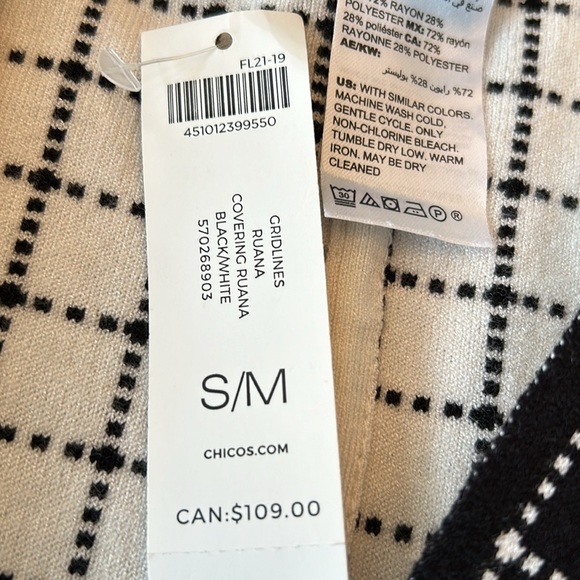 CHICO’s BRAND NEW NEVER WORN S/M GRIDLINES RUANA BLACK AND CREAM WRAP SHAWL CAPE - Picture 9 of 9